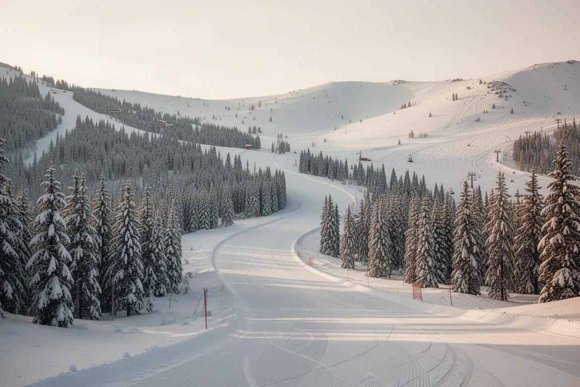 Estação de esqui montanhosa com uma pista preparada e neve fofa intocada no fim da tarde