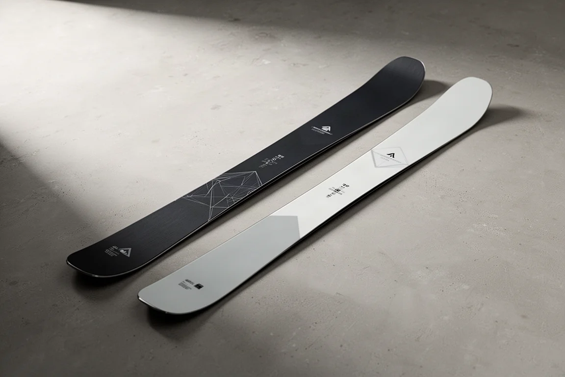 Two all-mountain skis side by side on a concrete surface with dark and light top sheets