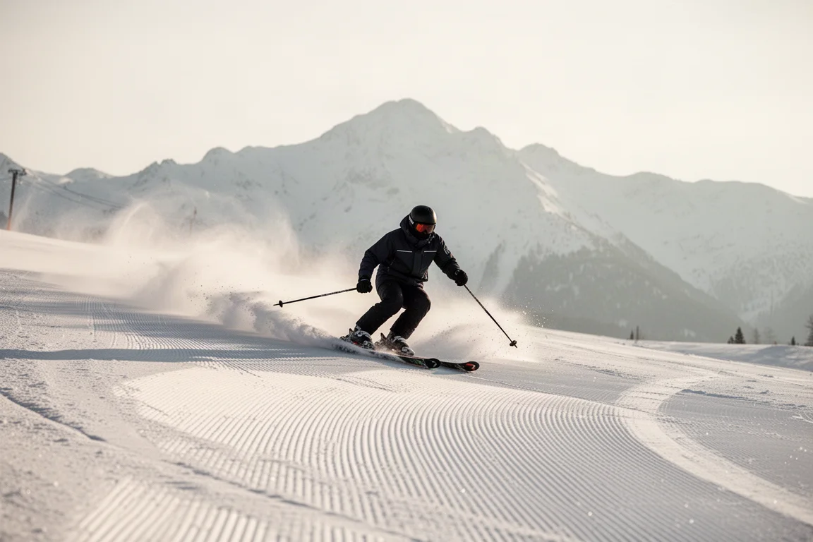Skifahrer zieht schnelle Schwünge auf einer präparierten Piste im Morgenlicht
