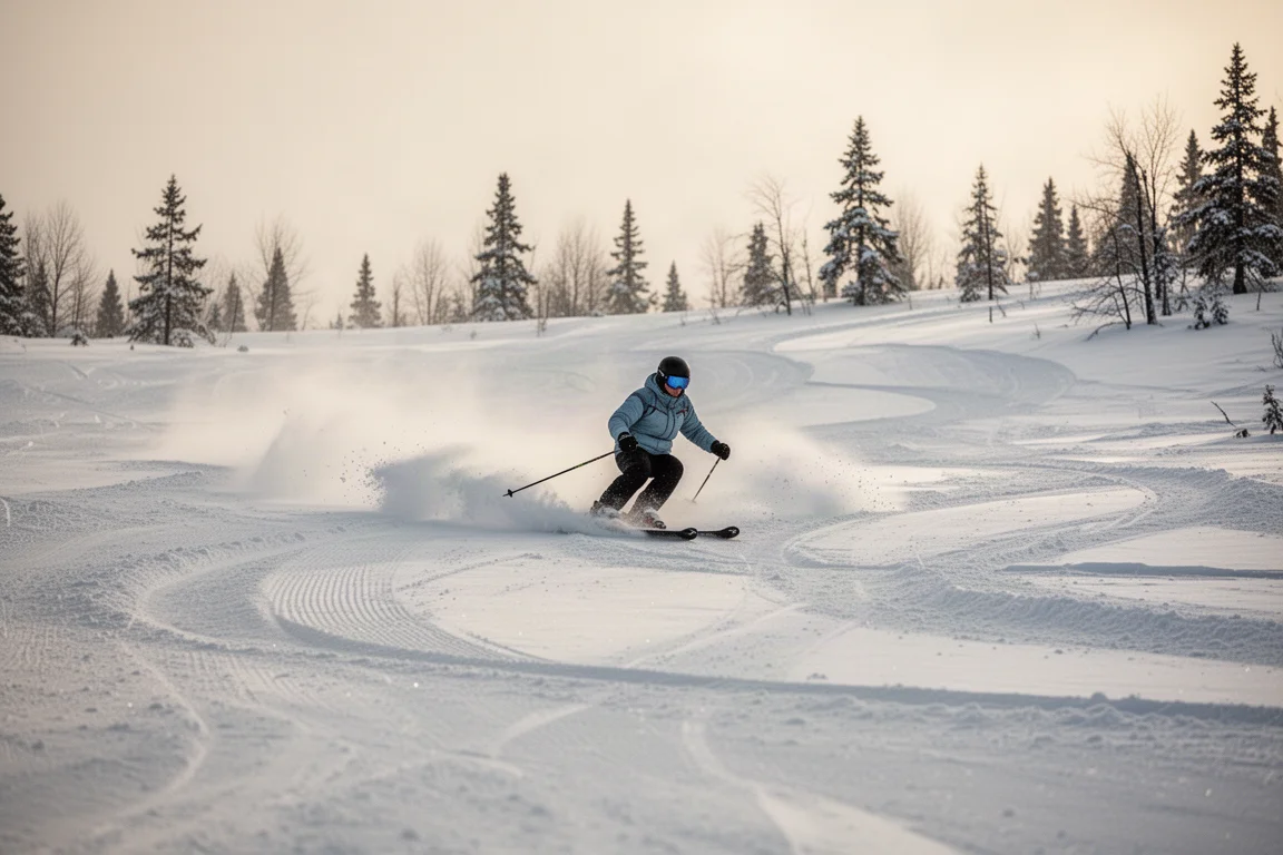 Skifahrer variiert Schwungformen im verspielten All-Mountain-Gelände