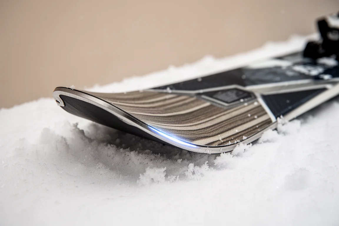 Nahaufnahme einer Skikante und einer Spitze im Schnee