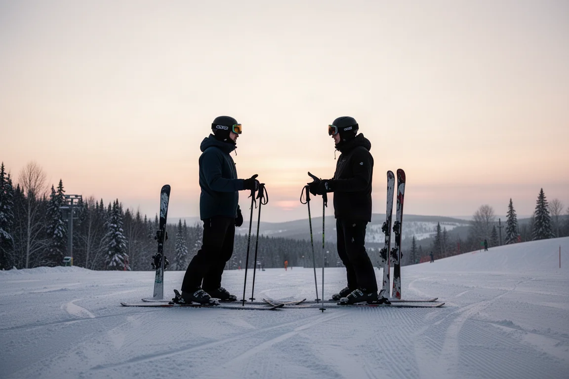 Zwei Skifahrer machen auf einer Piste in der Abenddämmerung Pause und entscheiden über ihre Ausrüstung