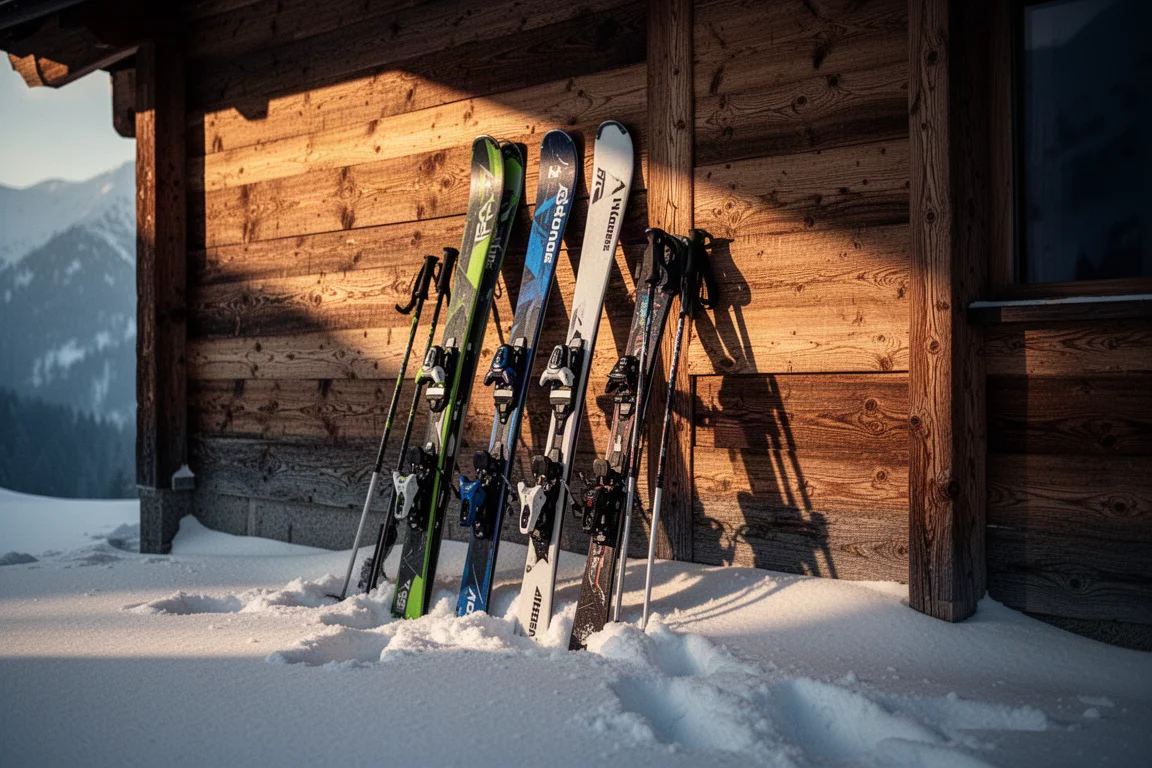Kolekcja nart all-mountain oparta o drewnianą ścianę schroniska w późnym złotym świetle