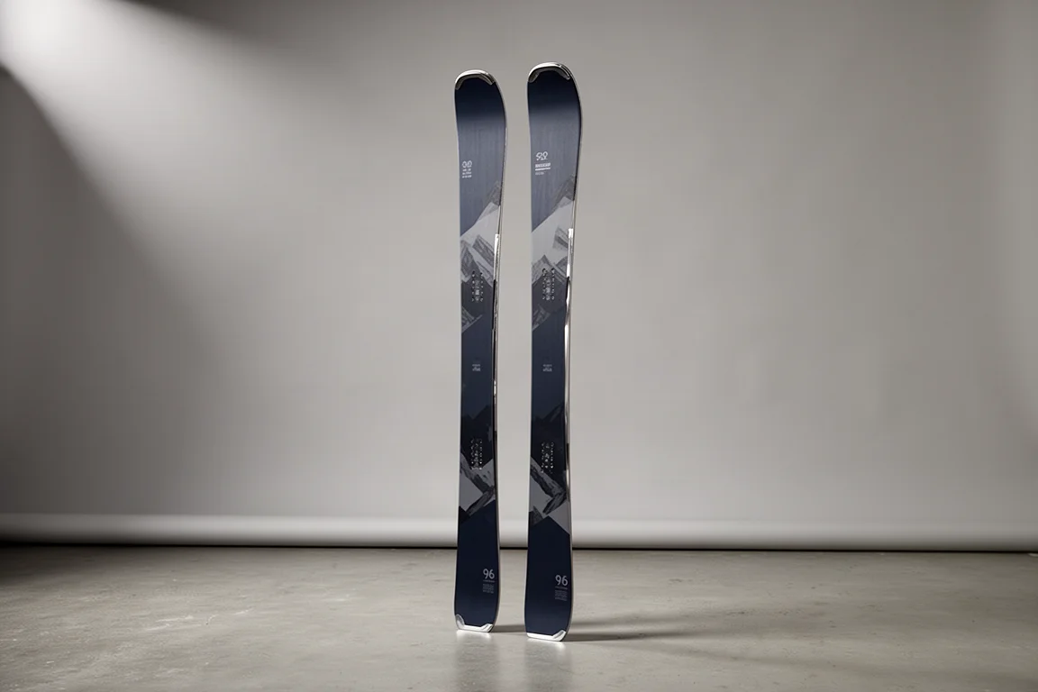 Pair of all-mountain skis standing upright on concrete against a grey backdrop