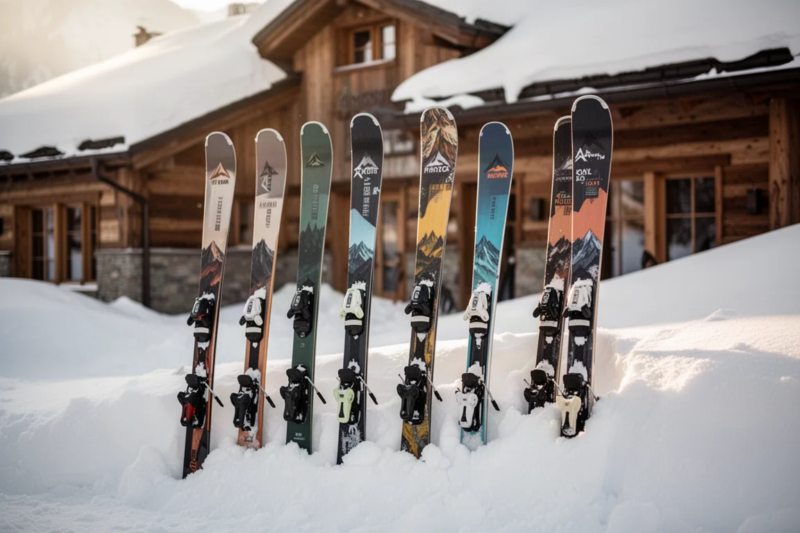一排全能雪板立在山間小屋外的雪堆中