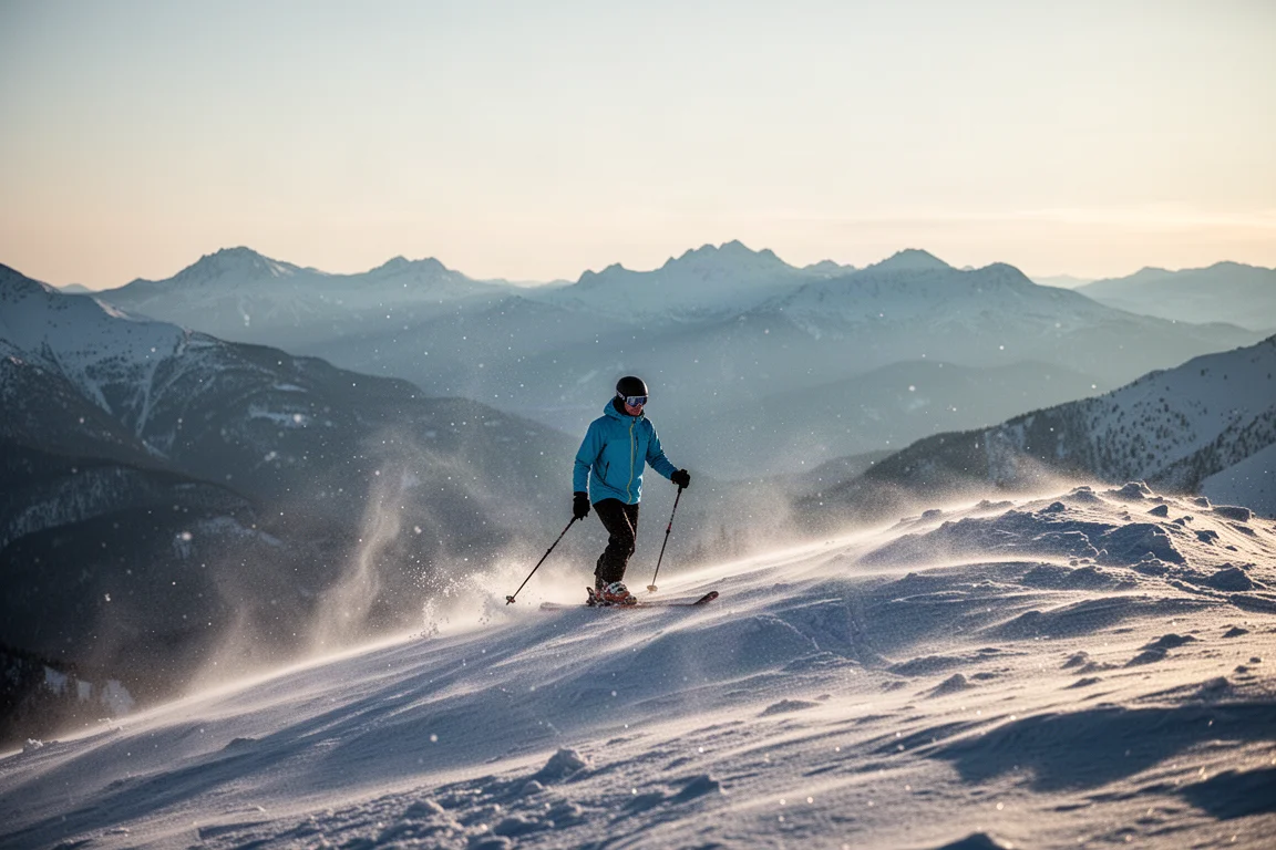 Esquiador cruzando una cresta de nieve azotada por el viento al amanecer con picos lejanos