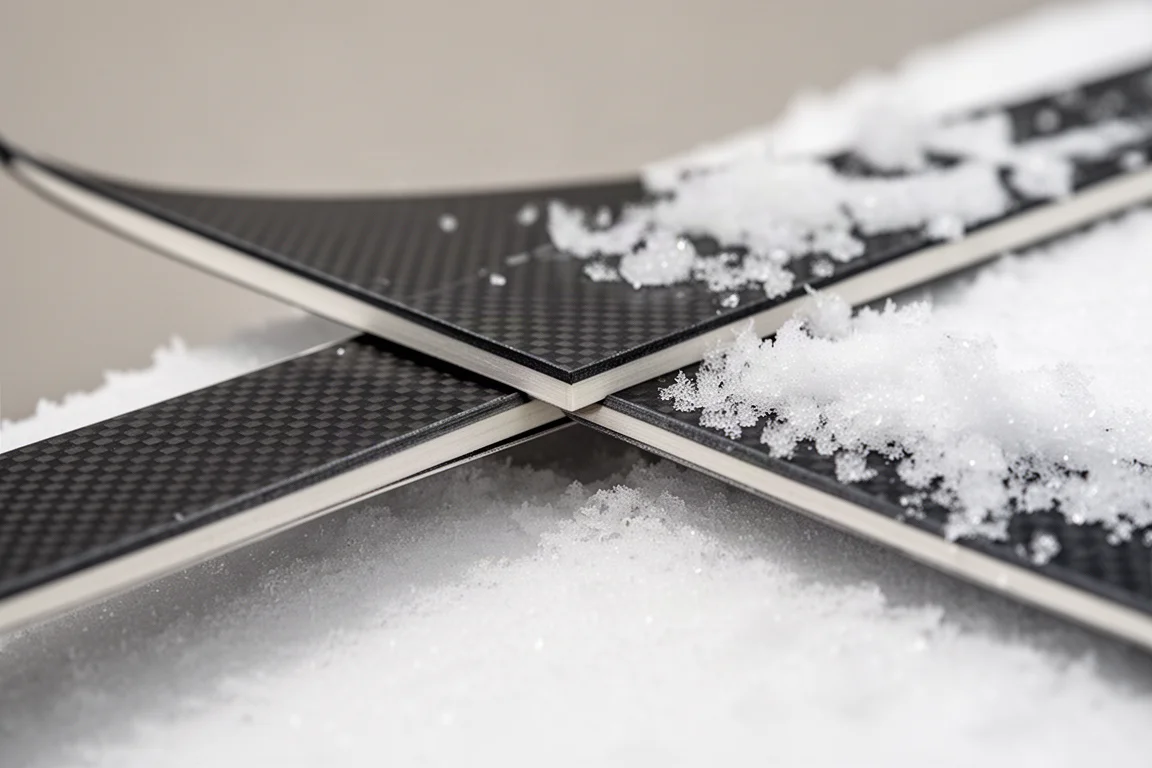 Primer plano del canto de un esquí y una finísima pared lateral trazando una línea sobre nieve compactada