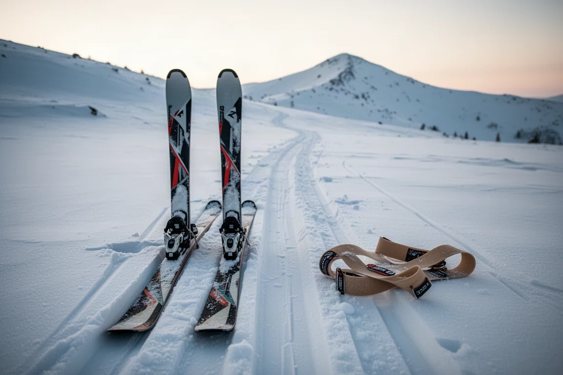 Esquís de travesía clavados en nieve polvo junto a una huella de pieles que asciende hacia una cresta