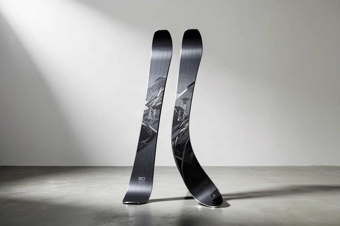 Pair of dark graphite all-mountain frontside skis standing upright on a concrete surface