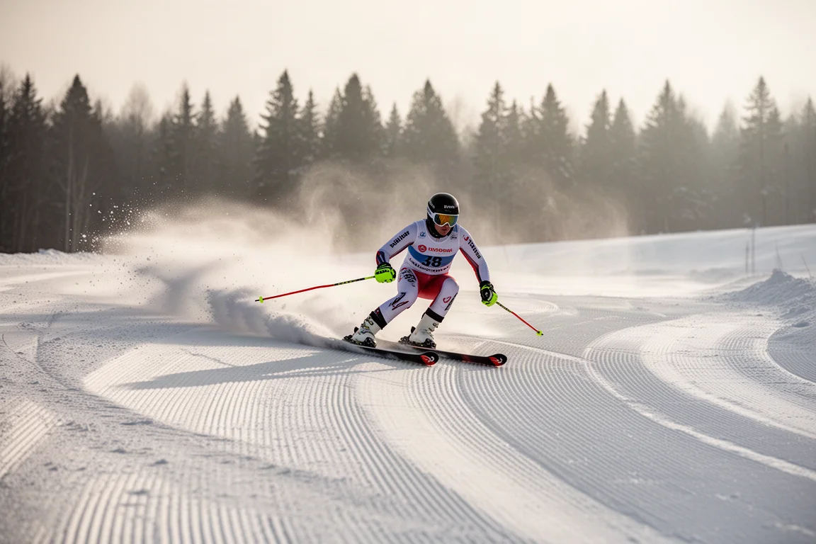 Skiër die een boog carvt op een geprepareerde piste in vroeg ochtendlicht