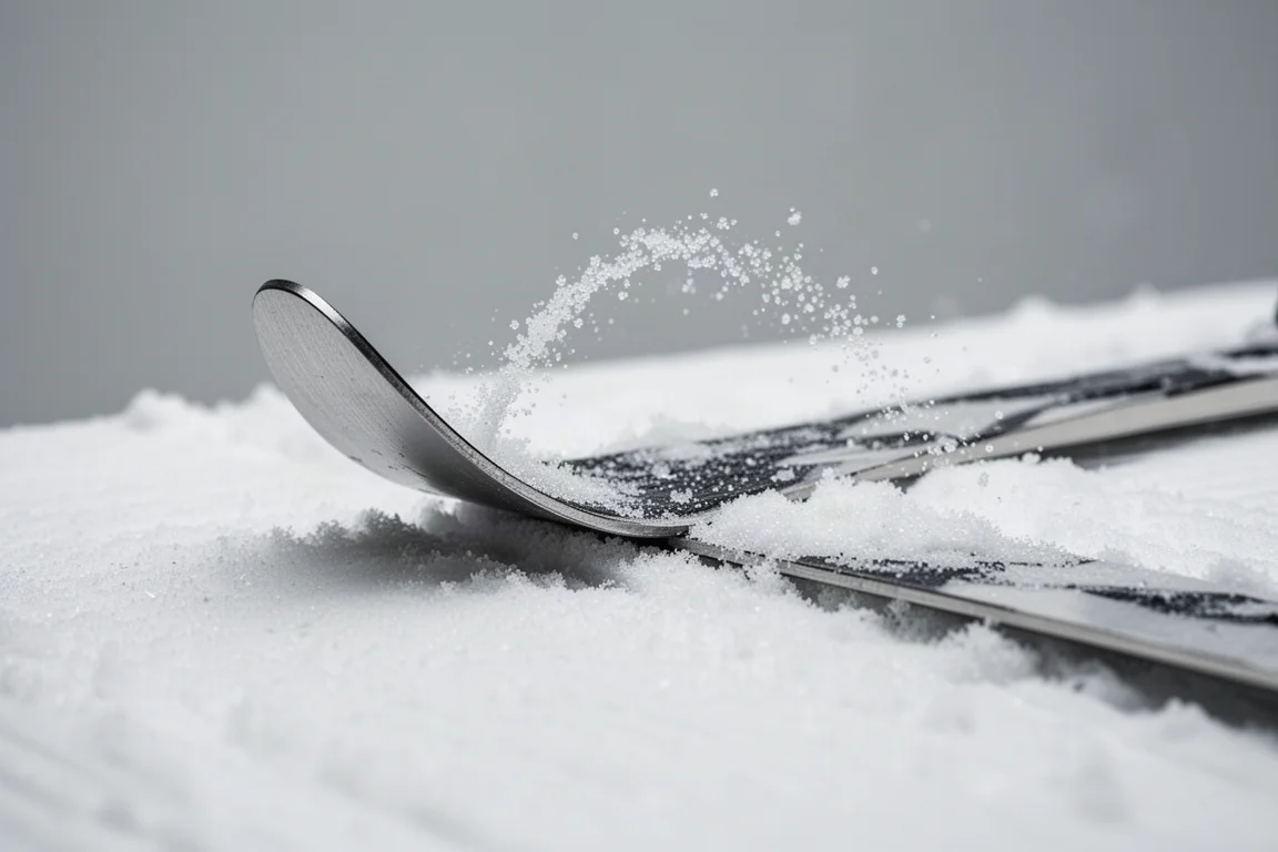 Close-up van een skirand die zich in harde, geprepareerde sneeuw snijdt
