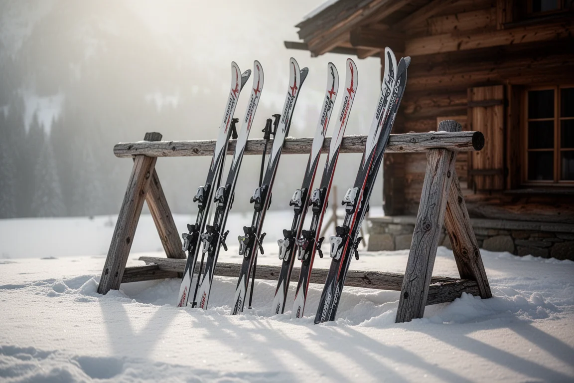 Carvingski's leunend tegen een houten rek buiten een skihut