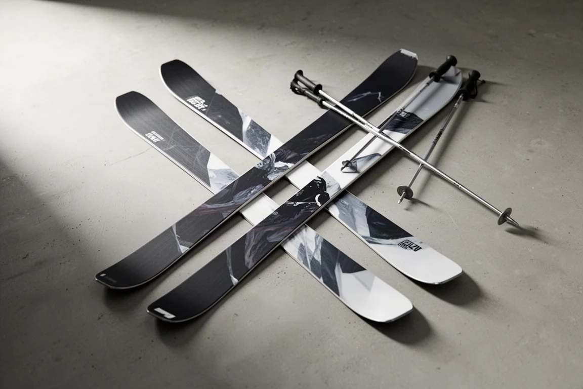Narrow frontside carving skis and poles arranged on a concrete surface