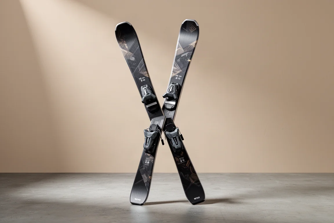Pair of frontside carving skis with bindings standing against a neutral studio backdrop