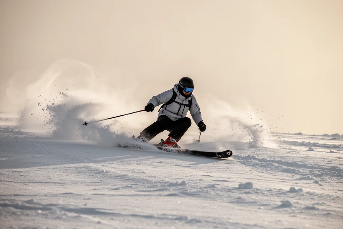 Esquiador inclinándose en un giro de radio largo sobre nieve firme y calcárea
