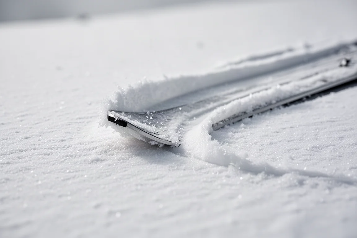 滑雪板鋼邊緊咬硬實壓雪的特寫,可見清晰的刻滑痕跡