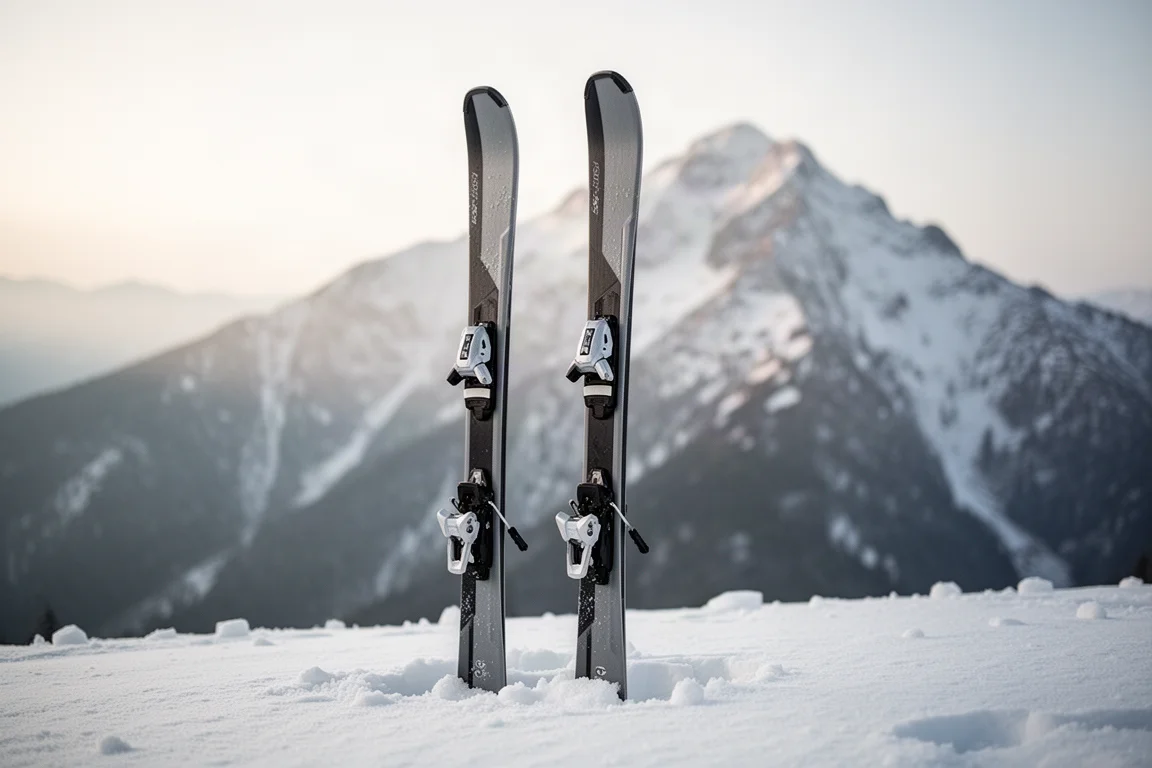 Pair of narrow frontside carving skis with integrated bindings standing on packed snow