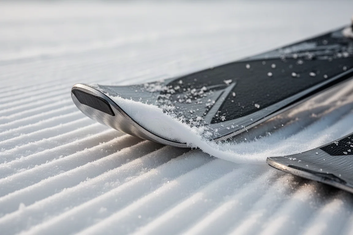 Primo piano di un cantone dello sci che affonda in neve compatta con cristalli di neve sollevati