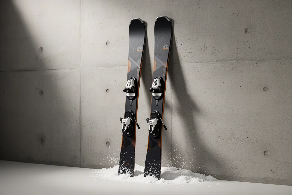 Single narrow all-mountain system ski with integrated binding on a matte concrete surface