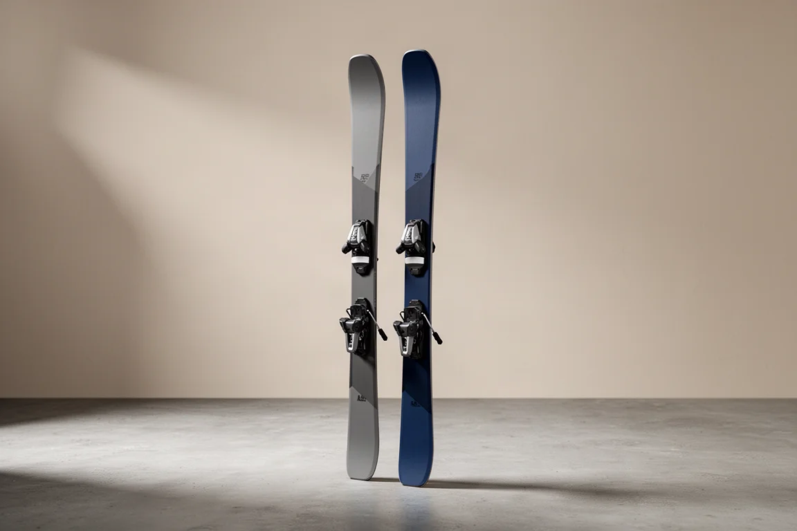 Slim 84 mm all-mountain skis with integrated bindings standing on a concrete surface