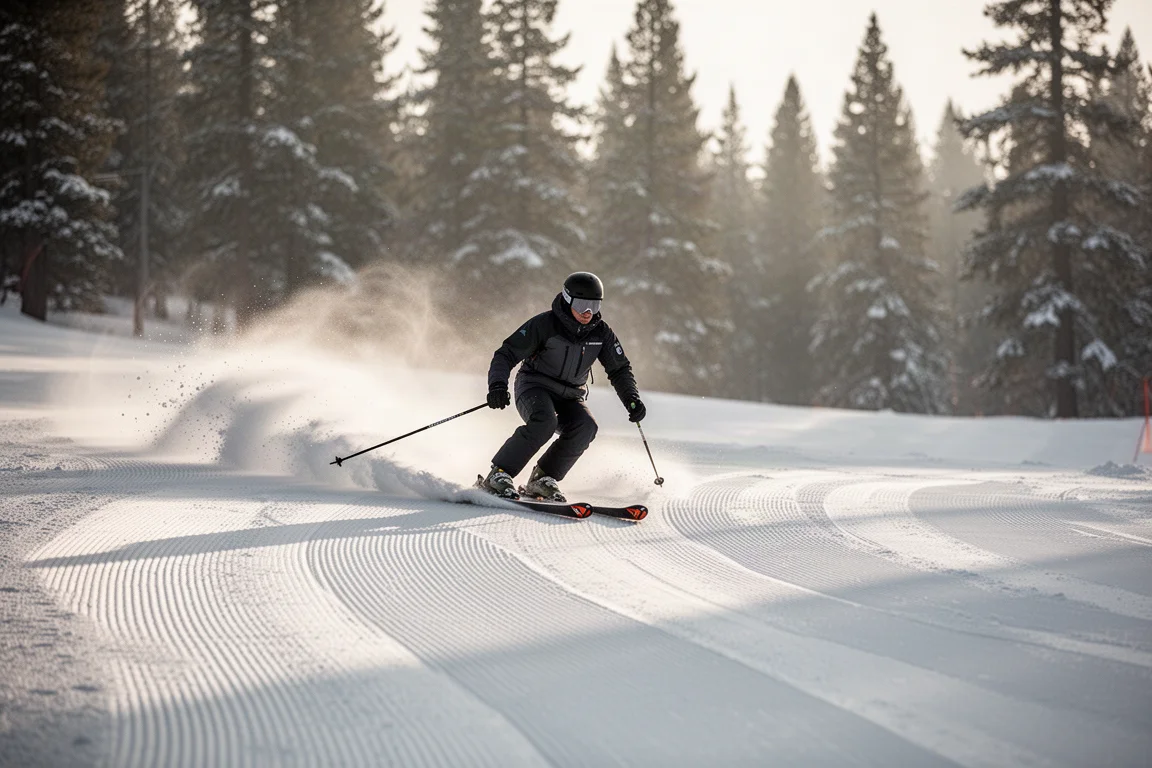 Skier carving a clean arc on a freshly groomed slope in early morning light