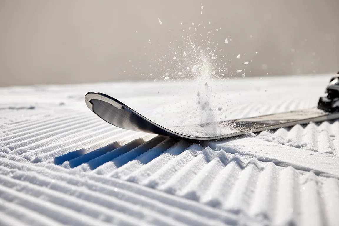 Close-up of a ski edge cutting into groomed corduroy snow with spray