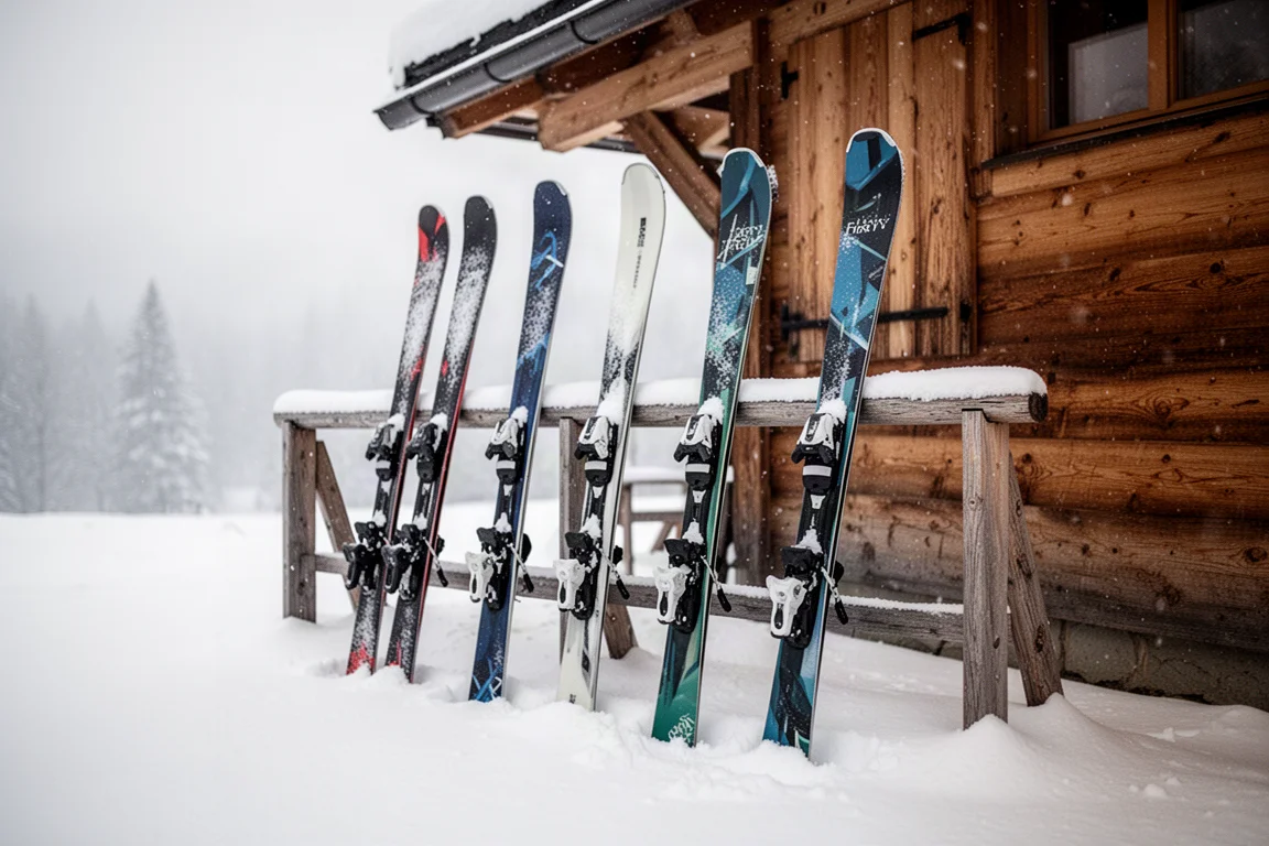 Several pairs of frontside skis lined up in a snow-covered rack outside a lodge