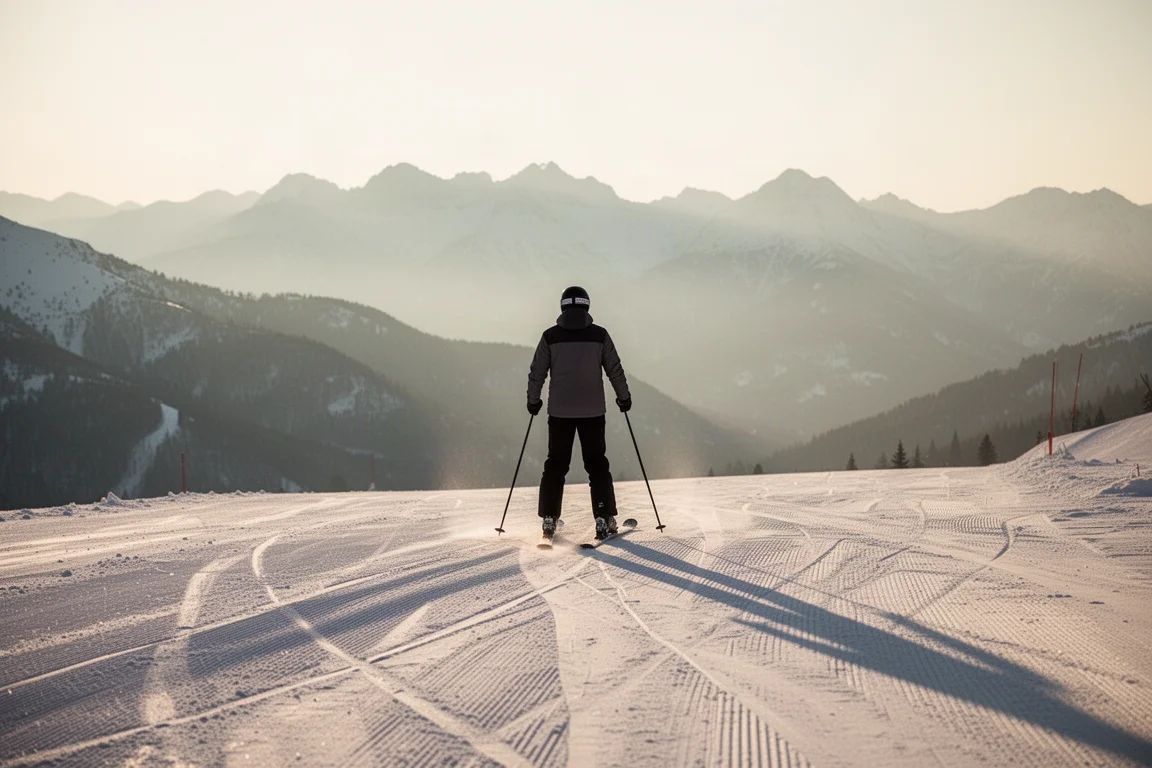Skier standing at the top of a groomed run in late afternoon light