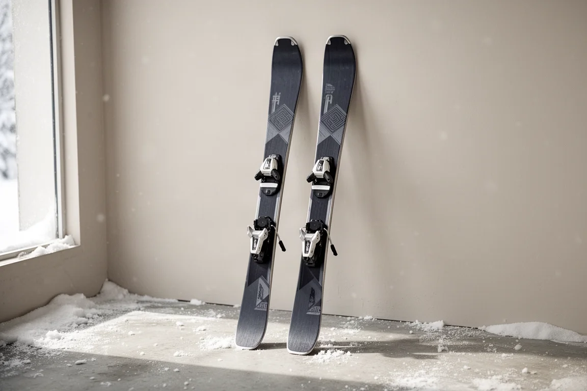 Pair of dark frontside skis standing upright on a snow-dusted concrete surface