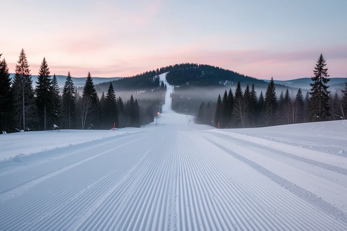 Pista de esquí recién preparada al amanecer, con pinos y cielo del alba