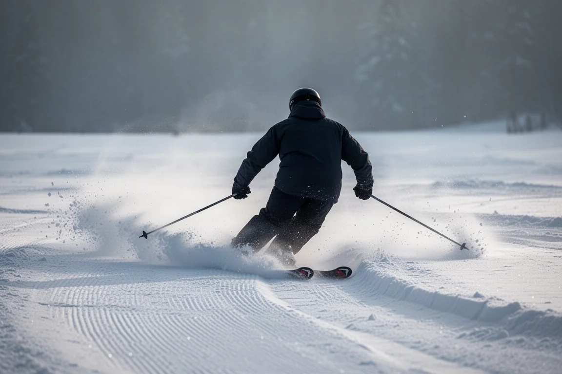 Esquiador trazando un giro largo sobre nieve firme preparada, visto desde atrás