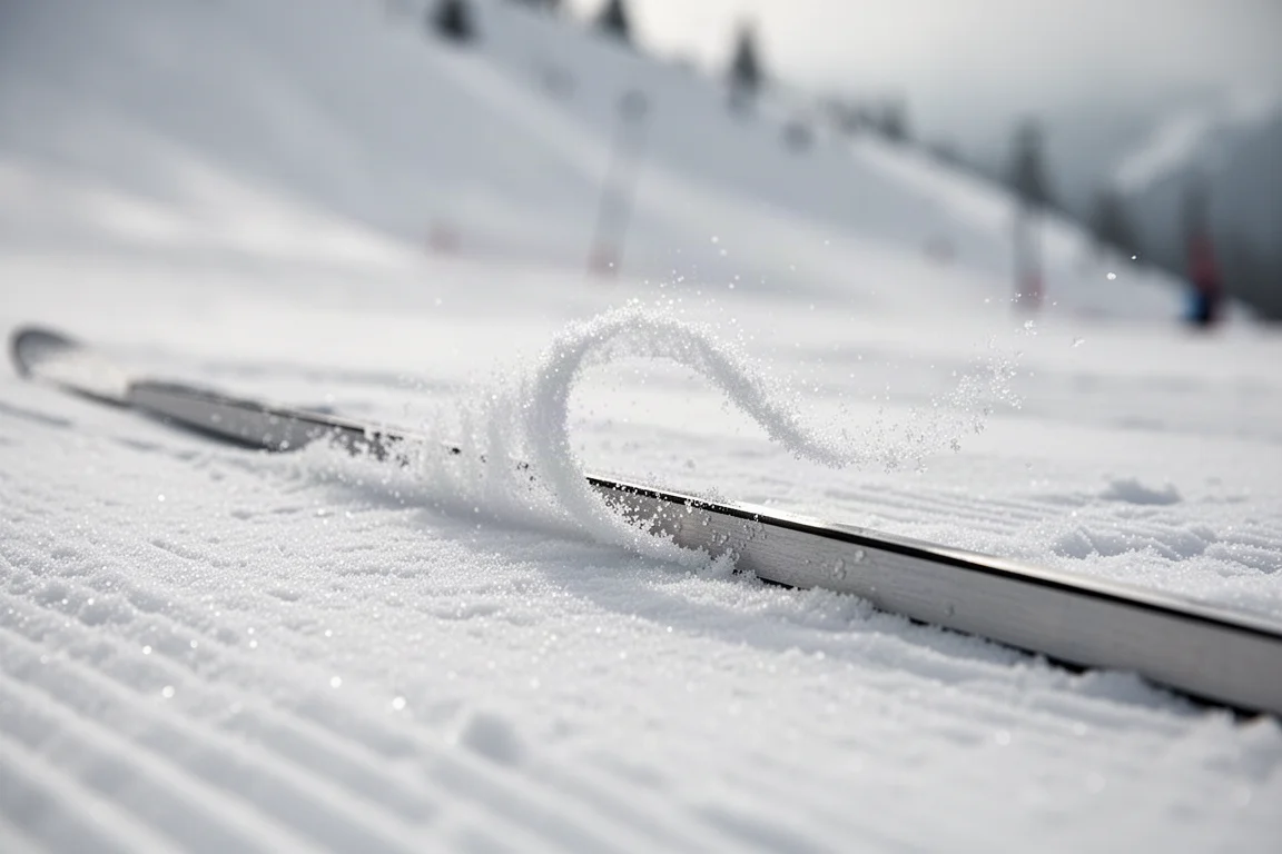 Primer plano en ángulo bajo del canto de un esquí cortando nieve firme preparada