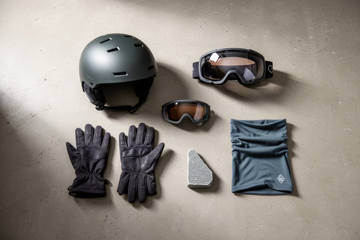 Vista cenital de casco de esquí, gafas, guantes y equipo sobre suelo de hormigón