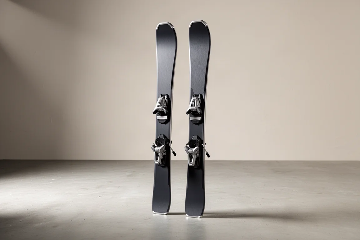 Two frontside carving skis with system bindings standing side by side on concrete