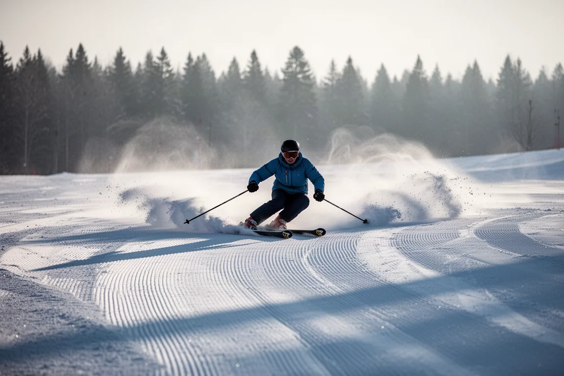 Esquiador trazando un giro agresivo en una pista preparada con una nube de nieve bajo la luz de la mañana