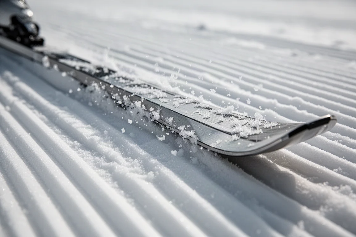 Primer plano en ángulo bajo del canto de un esquí mordiendo nieve dura preparada