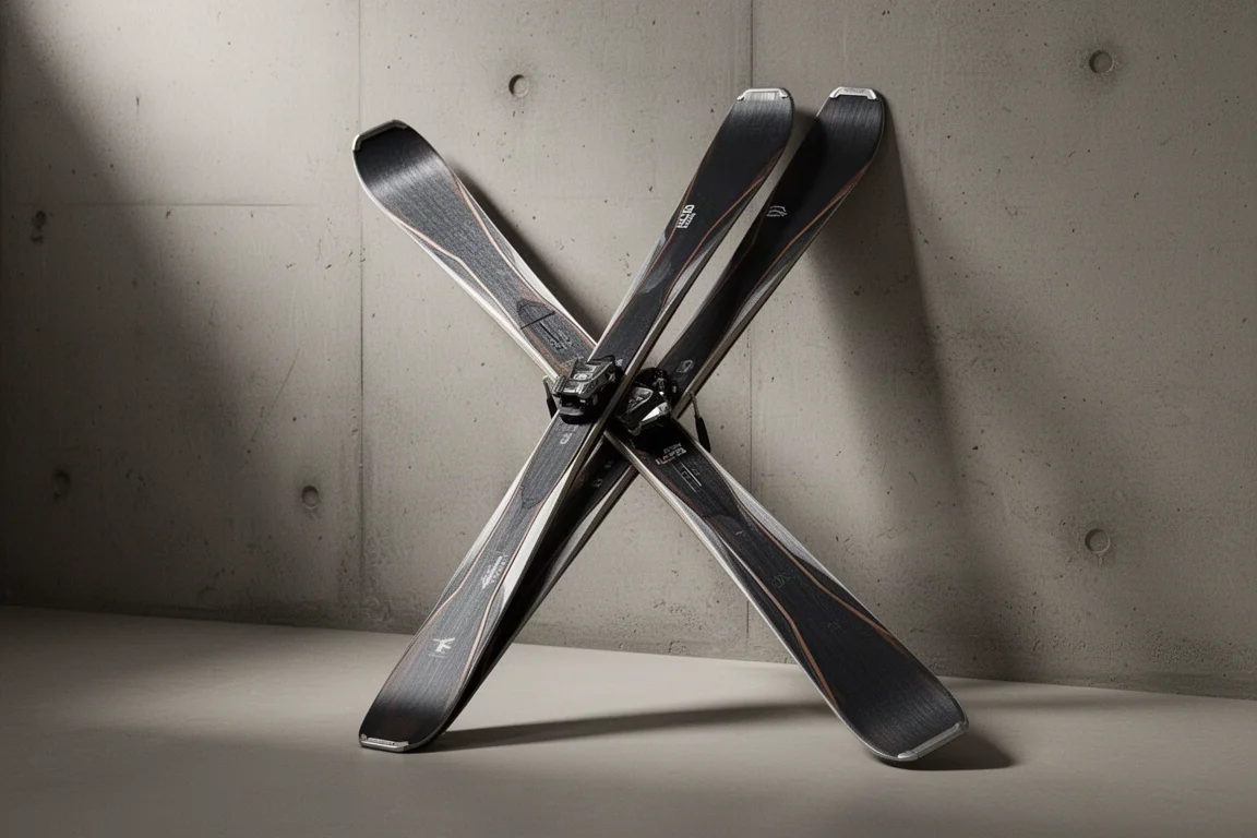 Pair of dark frontside alpine skis leaning against a matte concrete wall