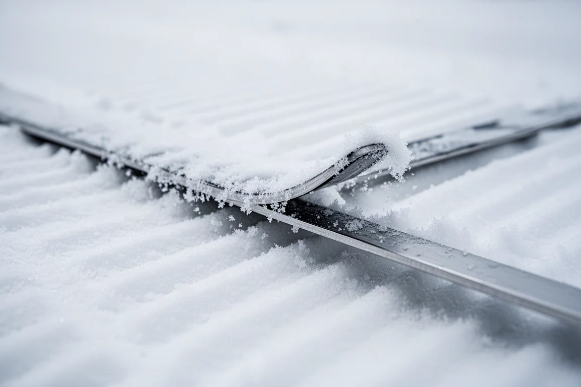Cantone in acciaio dello sci che morde la neve dura battuta con cristalli di ghiaccio