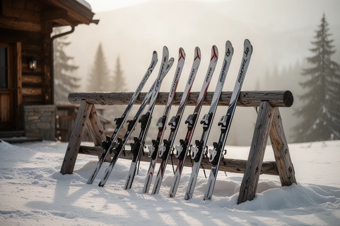 Sci da carving stretti appoggiati a una rastrelliera di legno alla base di una montagna