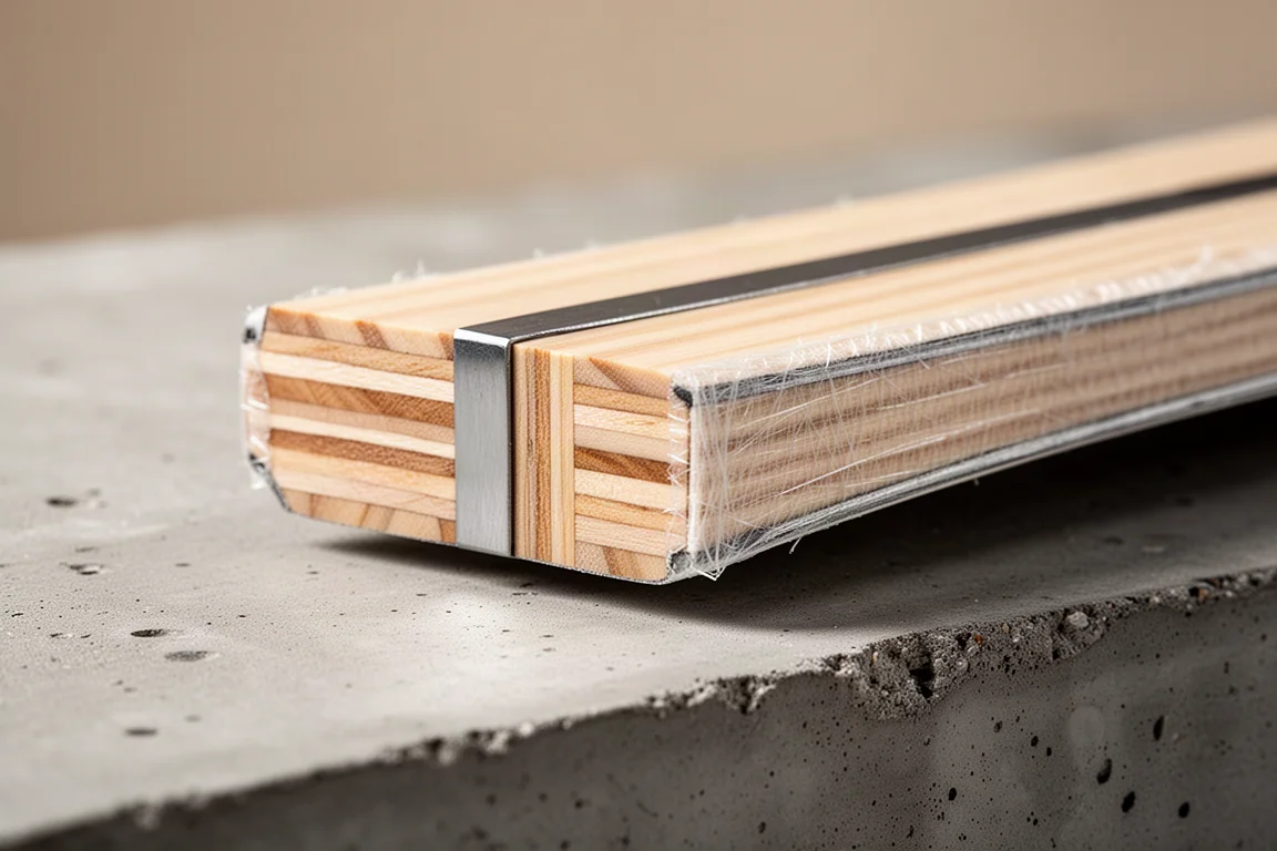 Detalle macro de la construcción en capas del esquí mostrando núcleo de madera, banda metálica y fibra de vidrio
