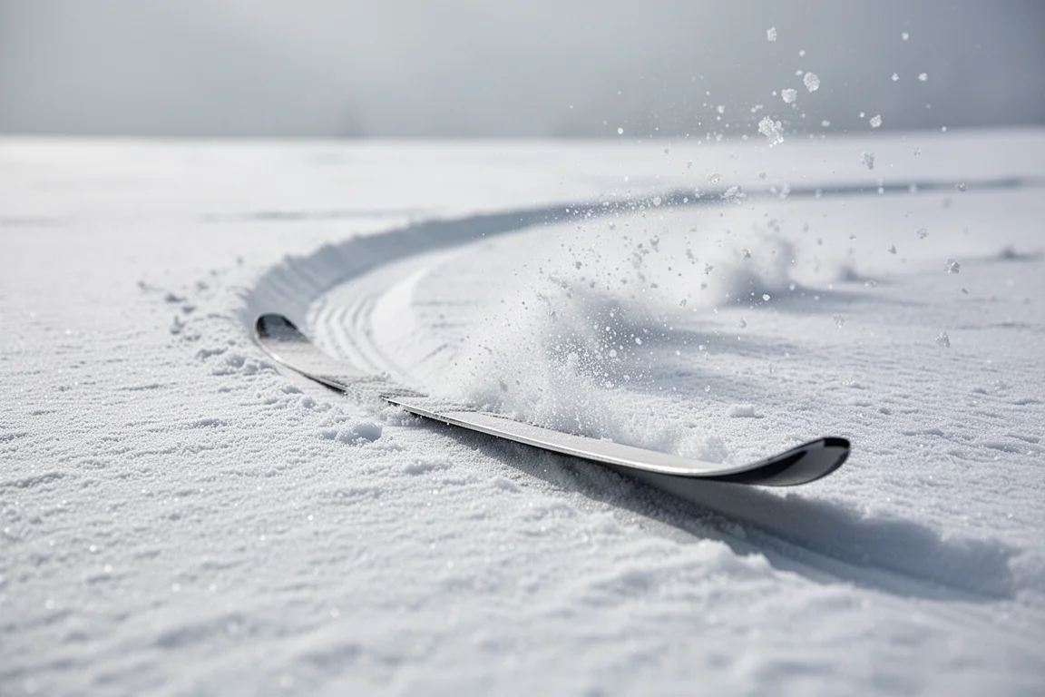 El canto del esquí tallando un arco limpio sobre nieve preparada con una fina pulverización