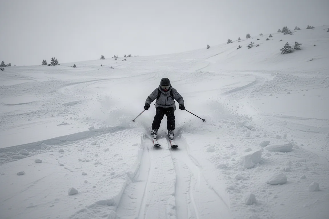 Ski carve einen Bogen auf einer frisch präparierten Piste