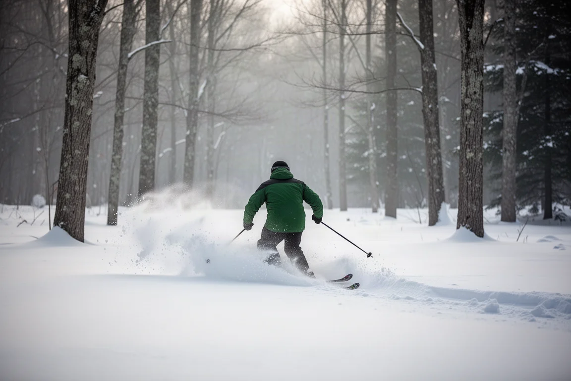Sciatore a metà curva nella neve fresca in un bosco aperto, con spruzzi di powder dietro le code degli sci