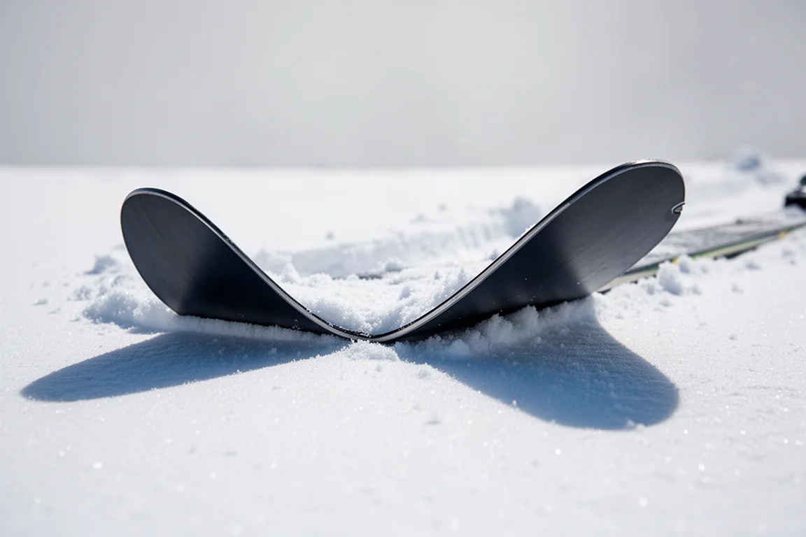 Primo piano di una punta larga di sci con un accentuato early rise, appoggiato nella neve polvere fresca