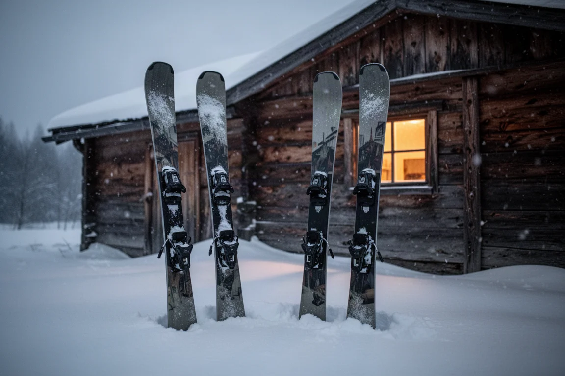 Coppia di sci freeride in piedi sulla neve fresca accanto a una baita di legno al crepuscolo