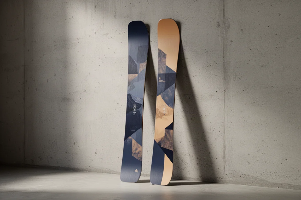 Pair of wide freeride skis with abstract matte topsheets standing against a concrete wall