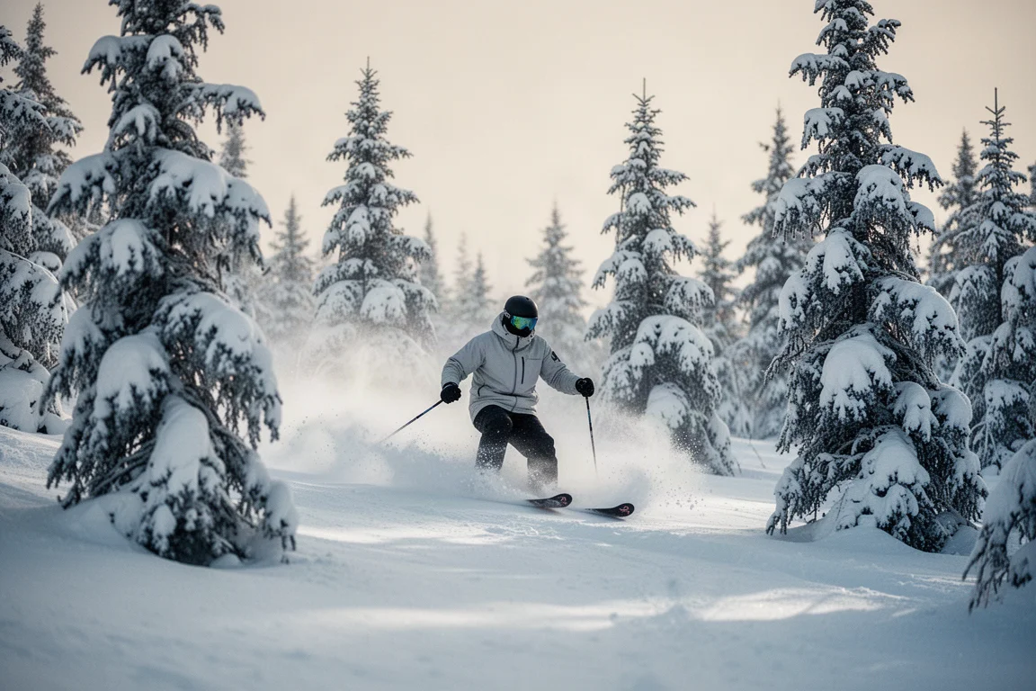 Freeride-Fahrer mitten in der Kurve in tiefem Pulverschnee, Schnee spritzt vom Skiheck auf