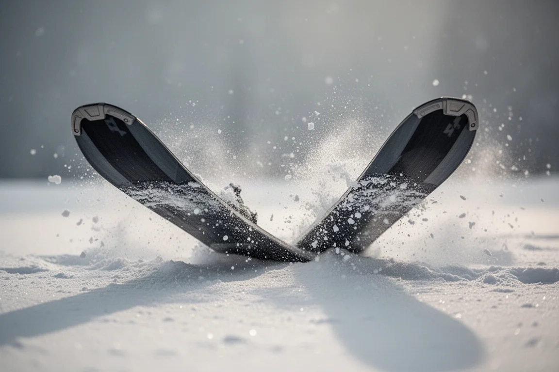 Nahaufnahme des Mittelteils eines Twin-Tip-Skis, der sich im frischen Schnee durchbiegt