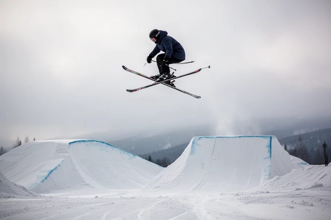 Paar Freeride-Skier auf einem schneebedeckten Gestell neben einem Berglift in der Dämmerung