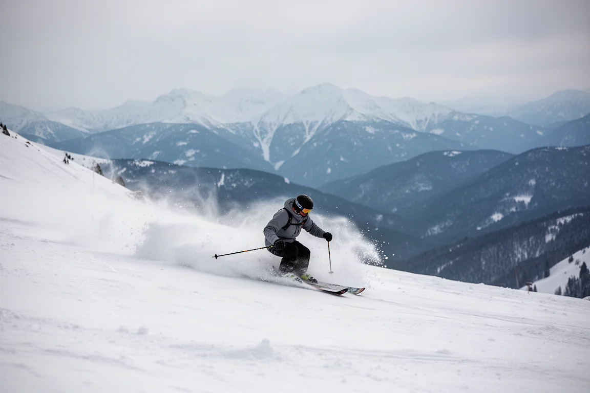 Esquiador freeride trazando un giro rápido en nieve polvo en una amplia ladera alpina abierta